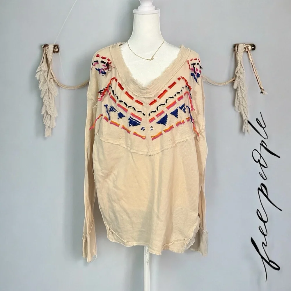 Free People Cream Embroidered V-Neck Peasant Top with Pink and Yellow Accents